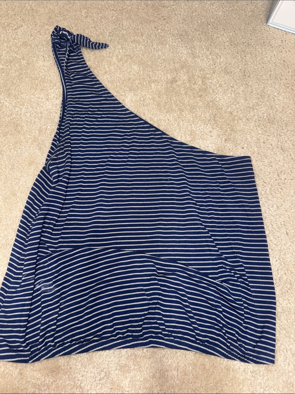 American Eagle Outfitters Navy and White One-Shoulder Striped Tank